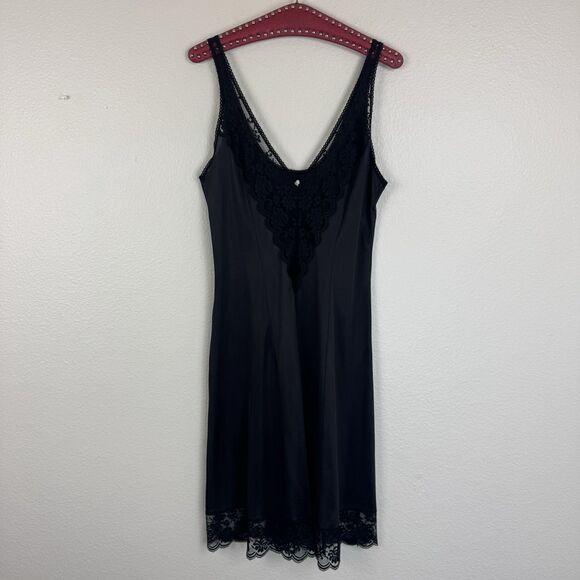Vintage 1960s JCPenney Fantasia Satin Lace Midi Slip Dress Chemise Black 38 M - Picture 1 of 15